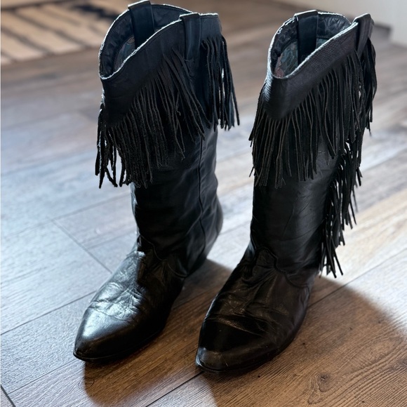 Vintage Black Fringe Leather Mid-Calf Women's Boots - Picture 4 of 13